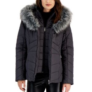 Maralyn & Me Juniors' Belted Faux-Fur-Trim Hooded Puffer Coat, Concrete XS